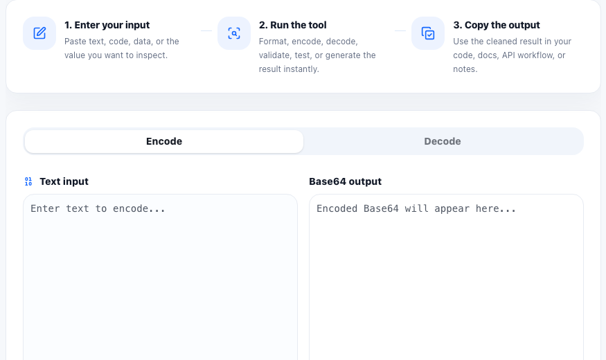 Base64 Encode Decode online tool interface in UtilFlow