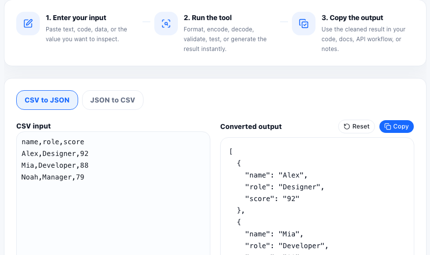 CSV JSON Converter practical workflow guide in UtilFlow