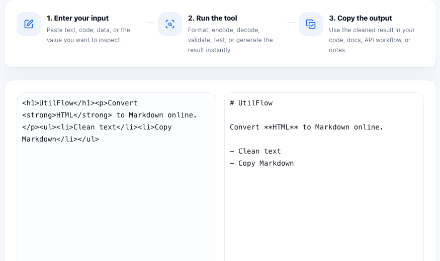 HTML to Markdown practical workflow guide in UtilFlow