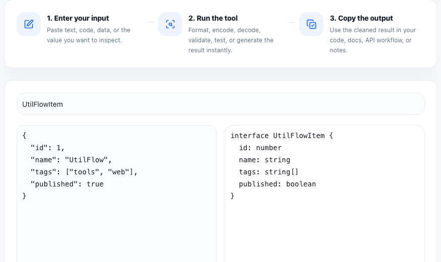 JSON to TypeScript practical workflow guide in UtilFlow