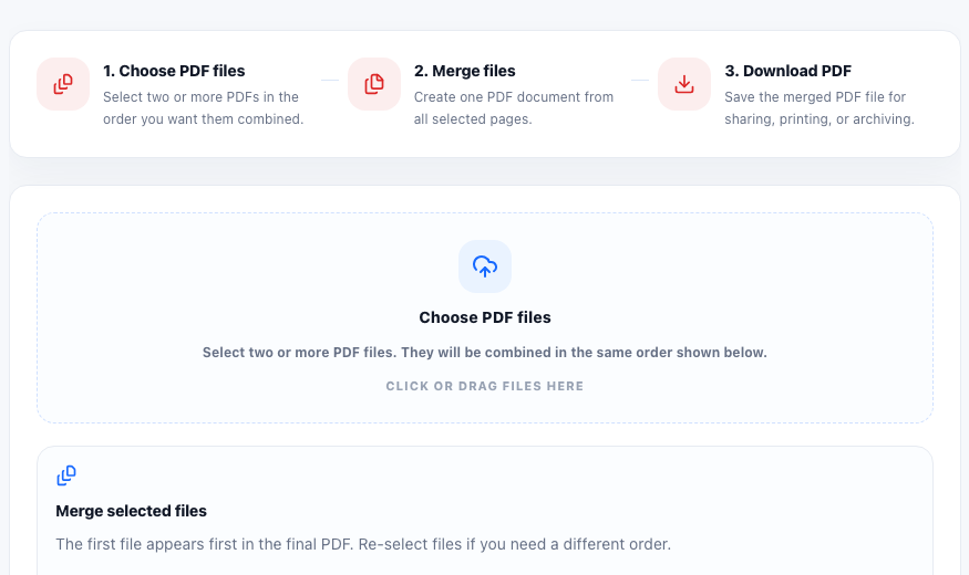 Merge PDF online tool interface in UtilFlow