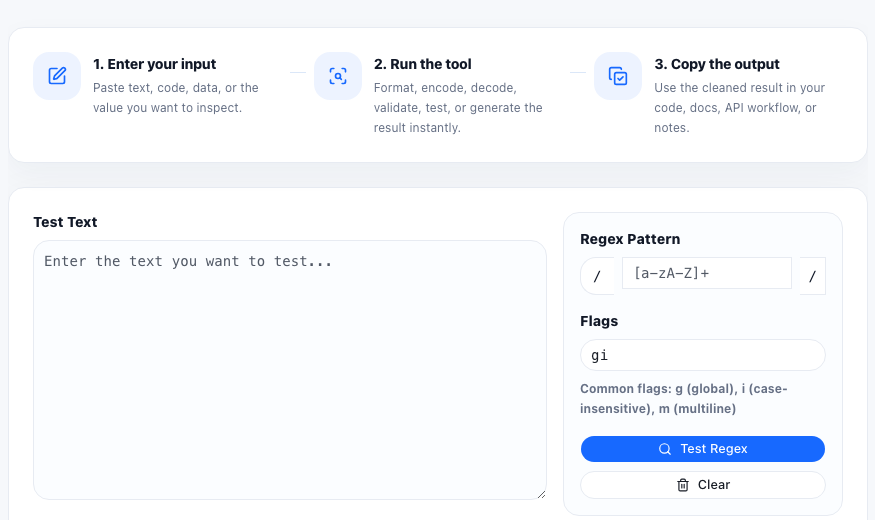 Regex Tester practical workflow guide in UtilFlow