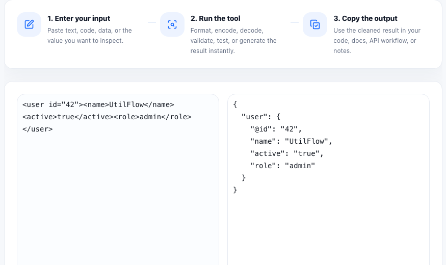 XML to JSON practical workflow guide in UtilFlow