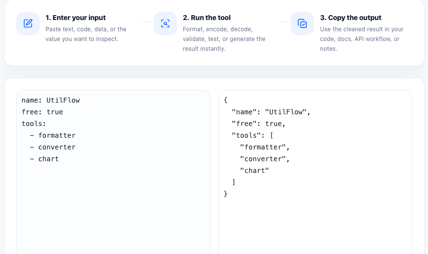 YAML to JSON practical workflow guide in UtilFlow
